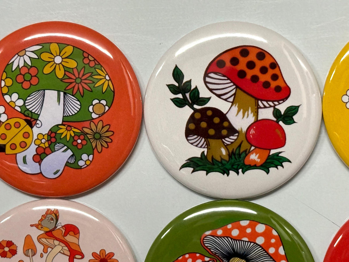6 Retro Mushroom Buttons: Pinbacks, Magnets, Flatbacks