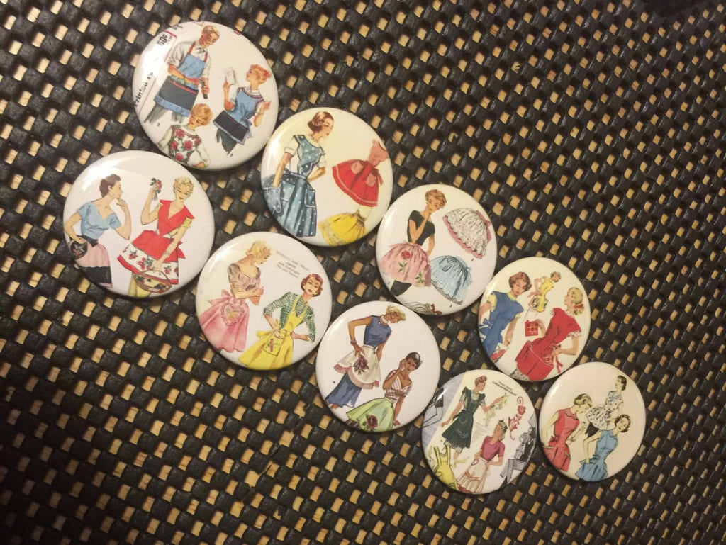 Apron Lady Buttons: Retro Kitchen Pinbacks, Magnets, or Flatbacks - Set 1