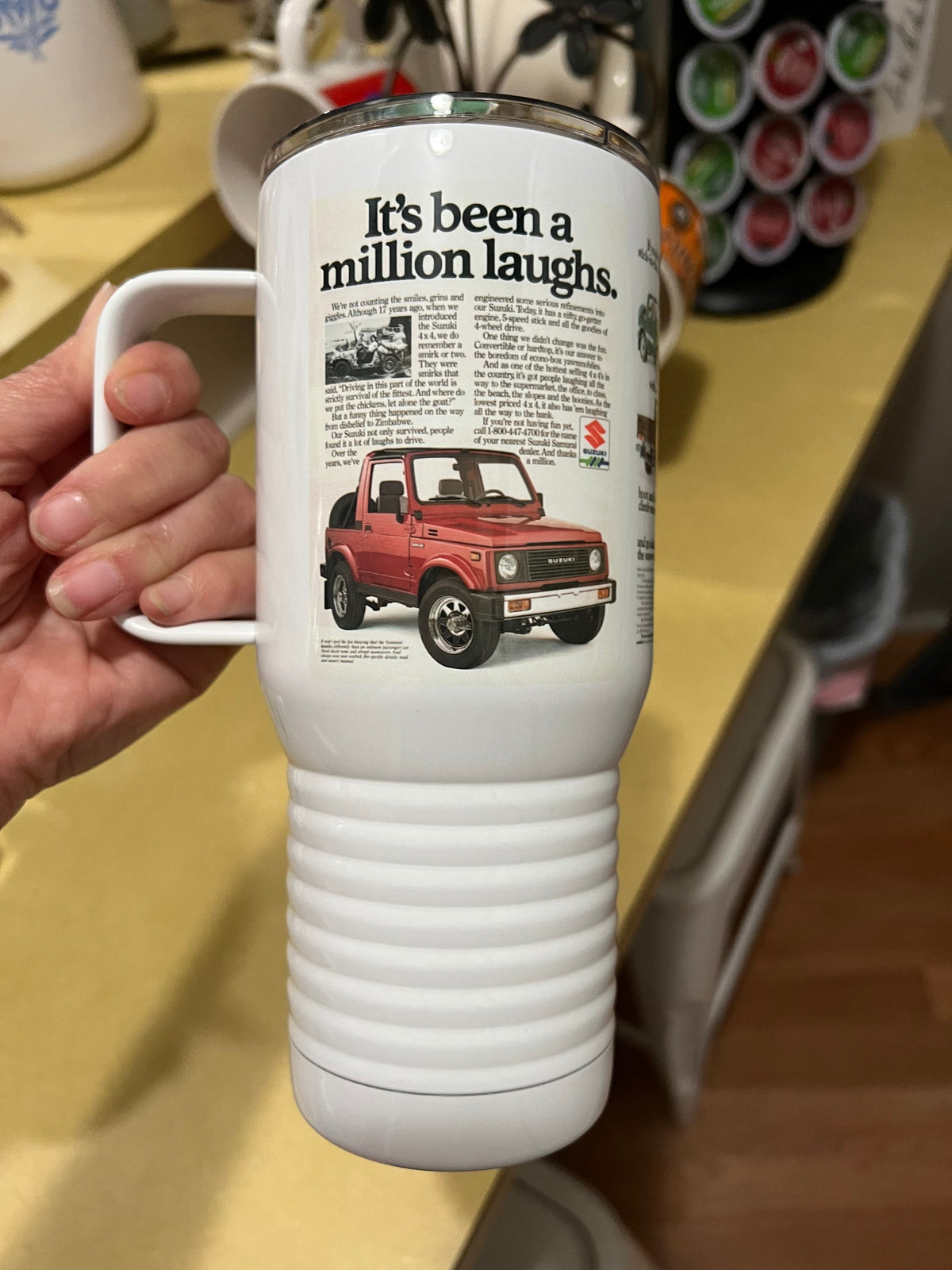 Suzuki Samurai/Sidekick Travel Mug: Vintage Auto Ad, Stainless Steel 20 oz