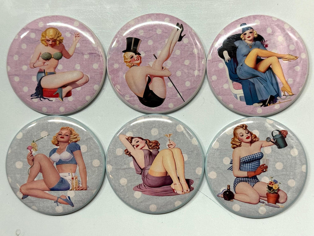 6 Pinup  Fridge Magnets, pinbacks, flatbacks and more.  Choose your size/style. (s1)
