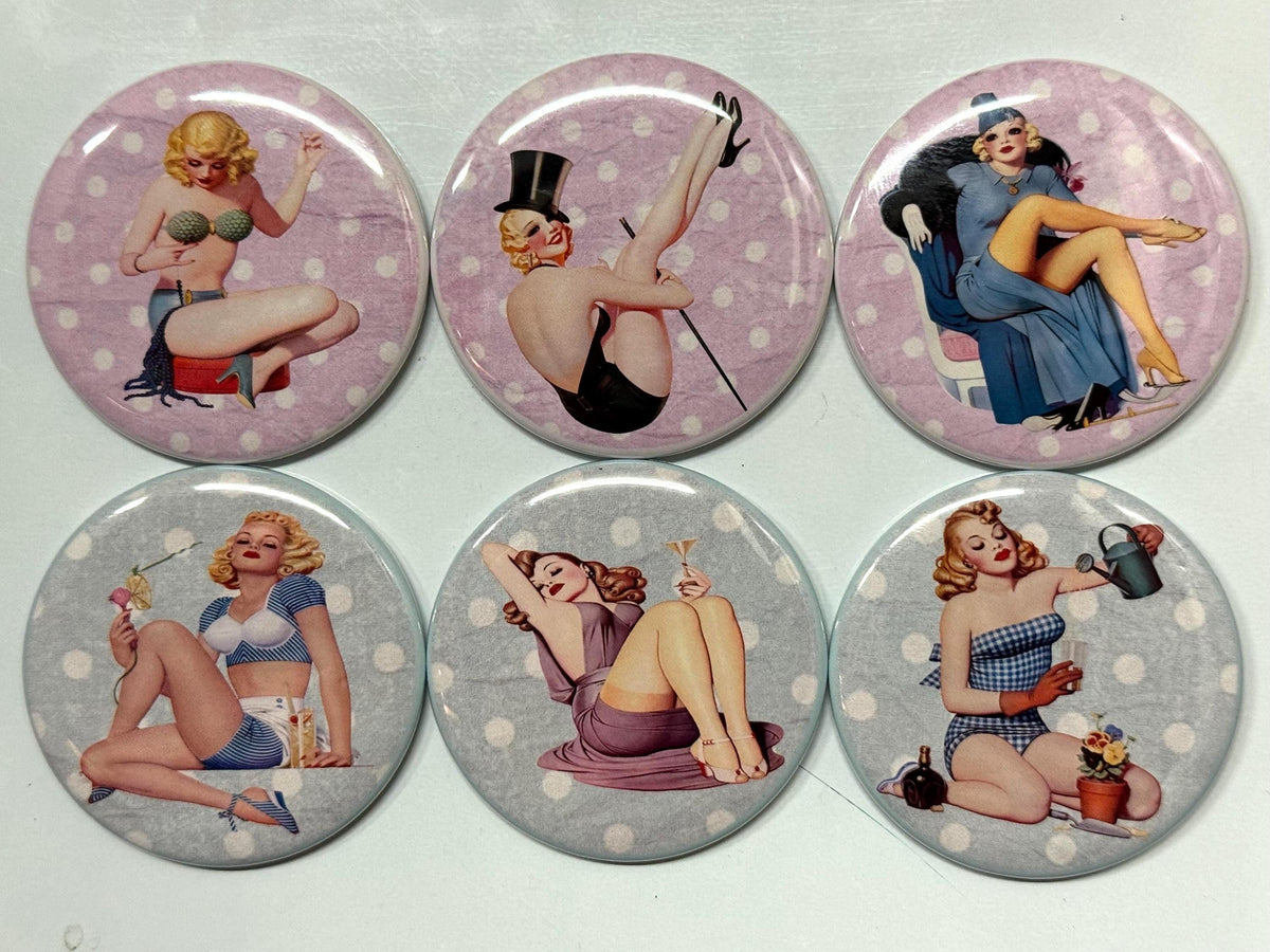 6 Pinup  Fridge Magnets, pinbacks, flatbacks and more.  Choose your size/style. (s1)
