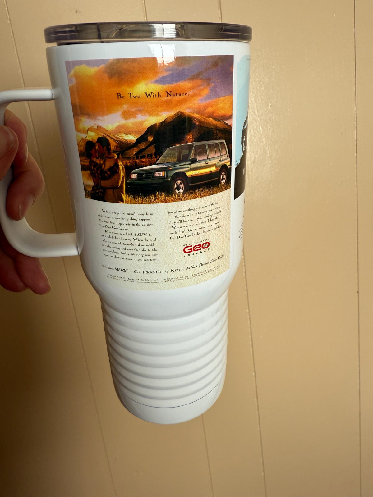 Geo Tracker Travel Mug: Vintage Auto Ad, Stainless Steel