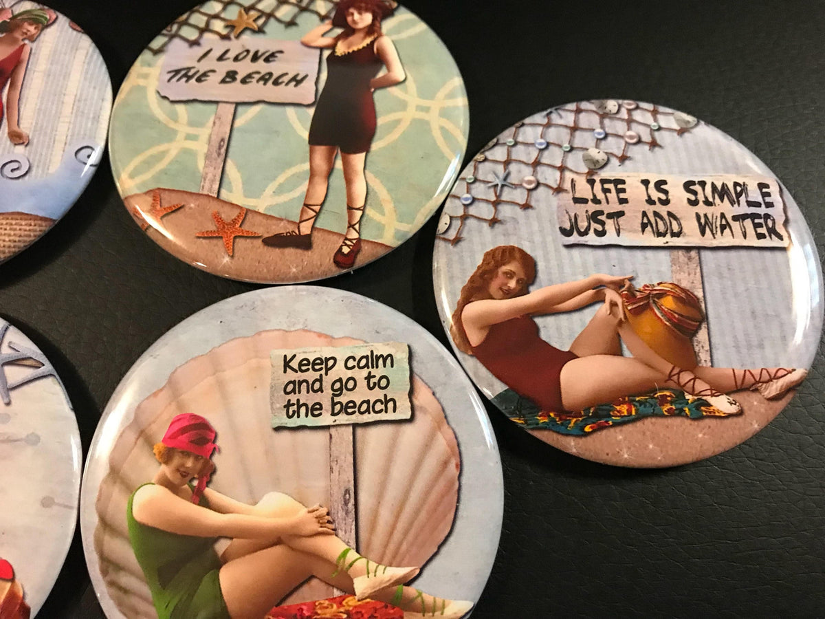 6 Beach Ladies Pinbacks or Magnet Buttons. Set 3.  Several sizes/styles available