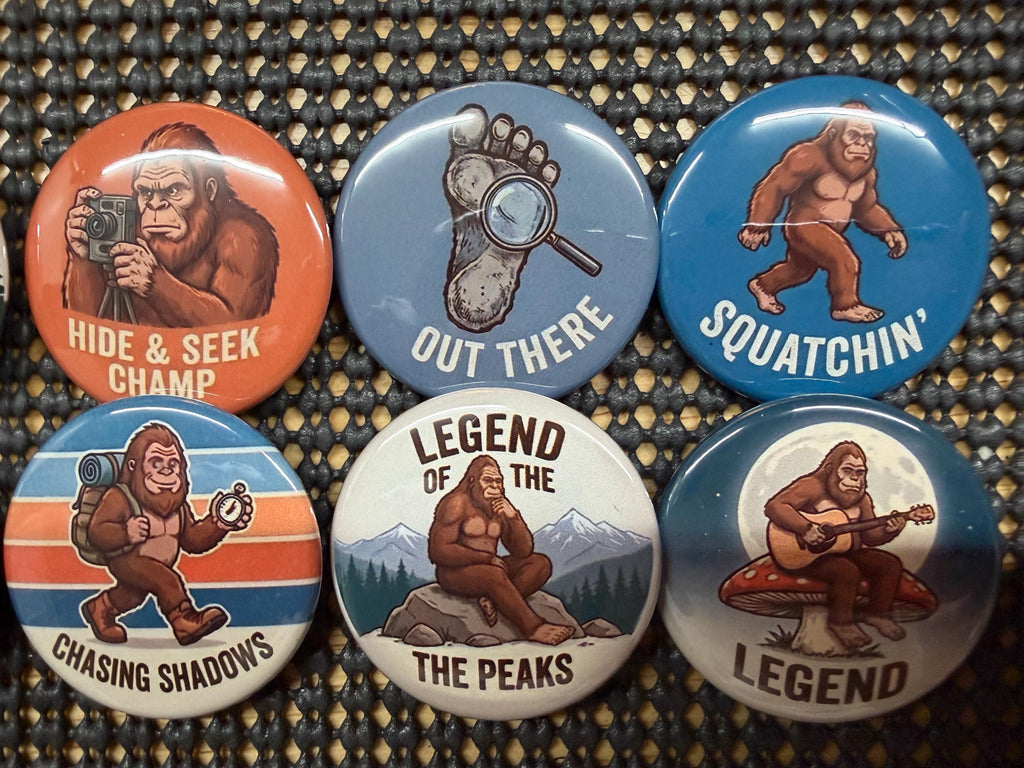 Bigfoot Buttons - 8 Sasquatch Pinbacks, flatbacks, magnets and more - 1" to 3.5" Funny Cryptid Gift - Hiking & Camping Nature Lover Gear