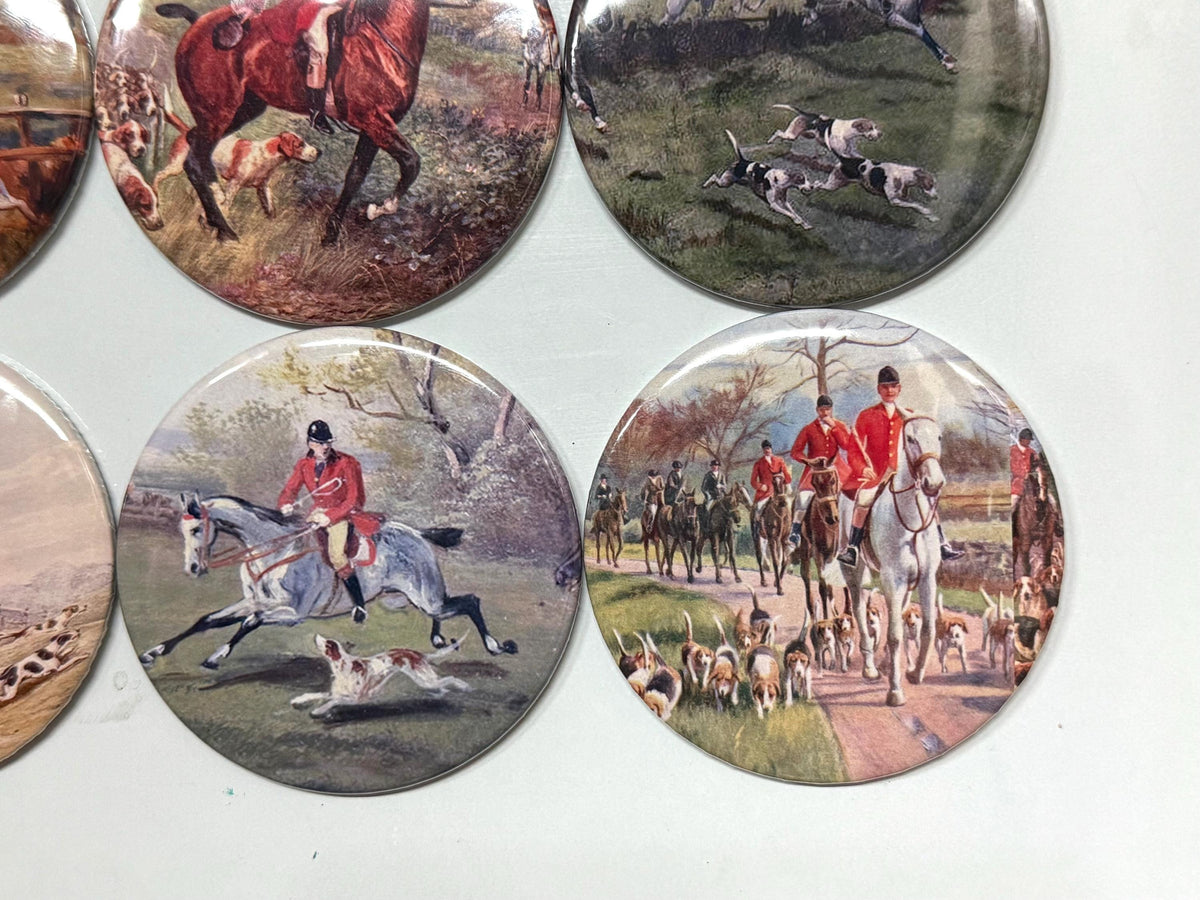 6 Fox Hunting, Equestrian, Hound dog Fridge Magnets or Pinback buttons or flatback buttons