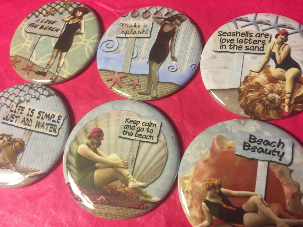 6 Beach Ladies Pinbacks or Magnet Buttons. Set 3.  Several sizes/styles available