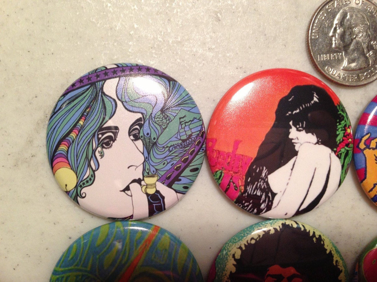 60s Retro Pinback Buttons: Vintage Poster Art, Fridge Magnets