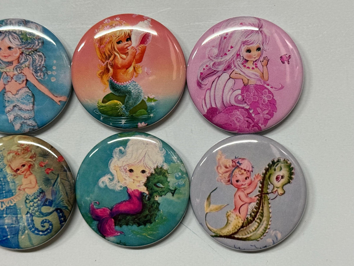 6 Child mermaids Fridge Magnets, pinbacks, flatbacks and more.  Choose your size/style. (s2)