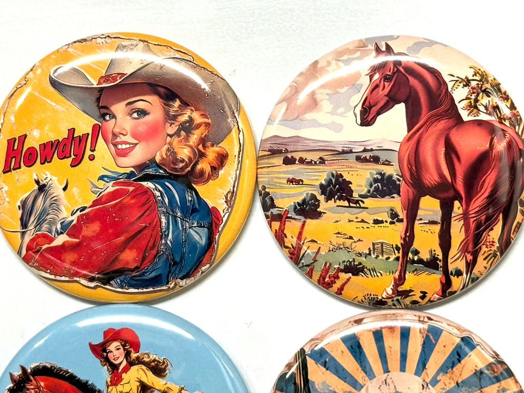 6 Cowgirl Fridge Magnets, pinbacks, flatbacks and more.  Choose your size/style. (s5)