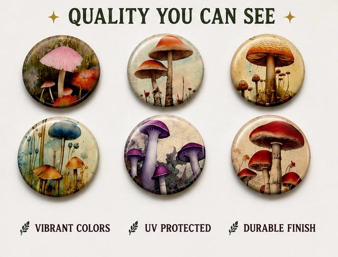 6 Mystical mushrooms pinbacks, flatbacks or magnets Set 1.  Choose your size/style.