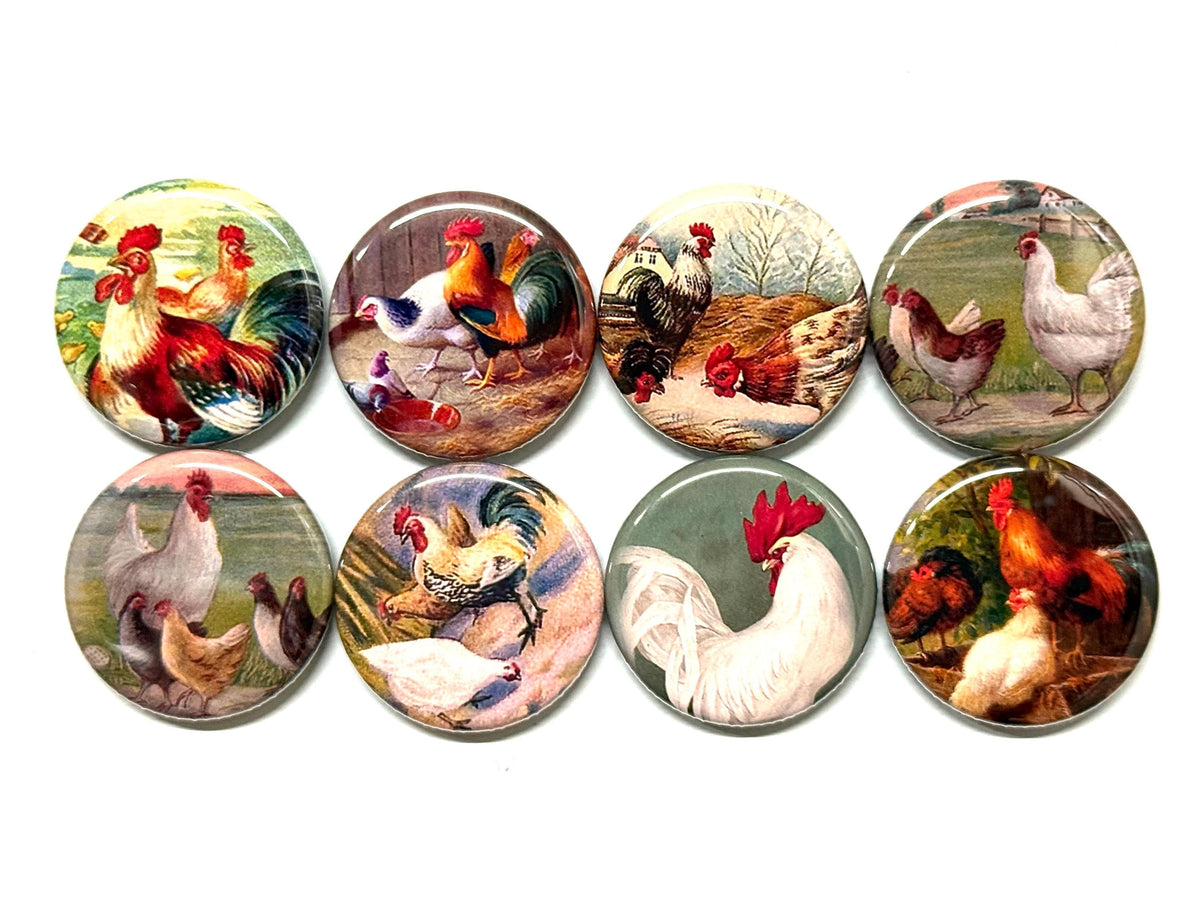 Vintage Rooster & Chickens Magnets or Pinbacks - Set of 8