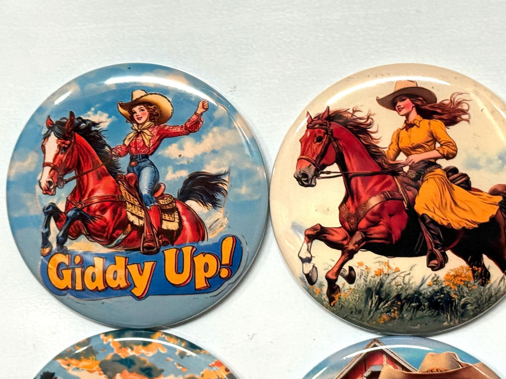 6 Cowgirl Fridge Magnets, pinbacks, flatbacks and more.  Choose your size/style. (s3)