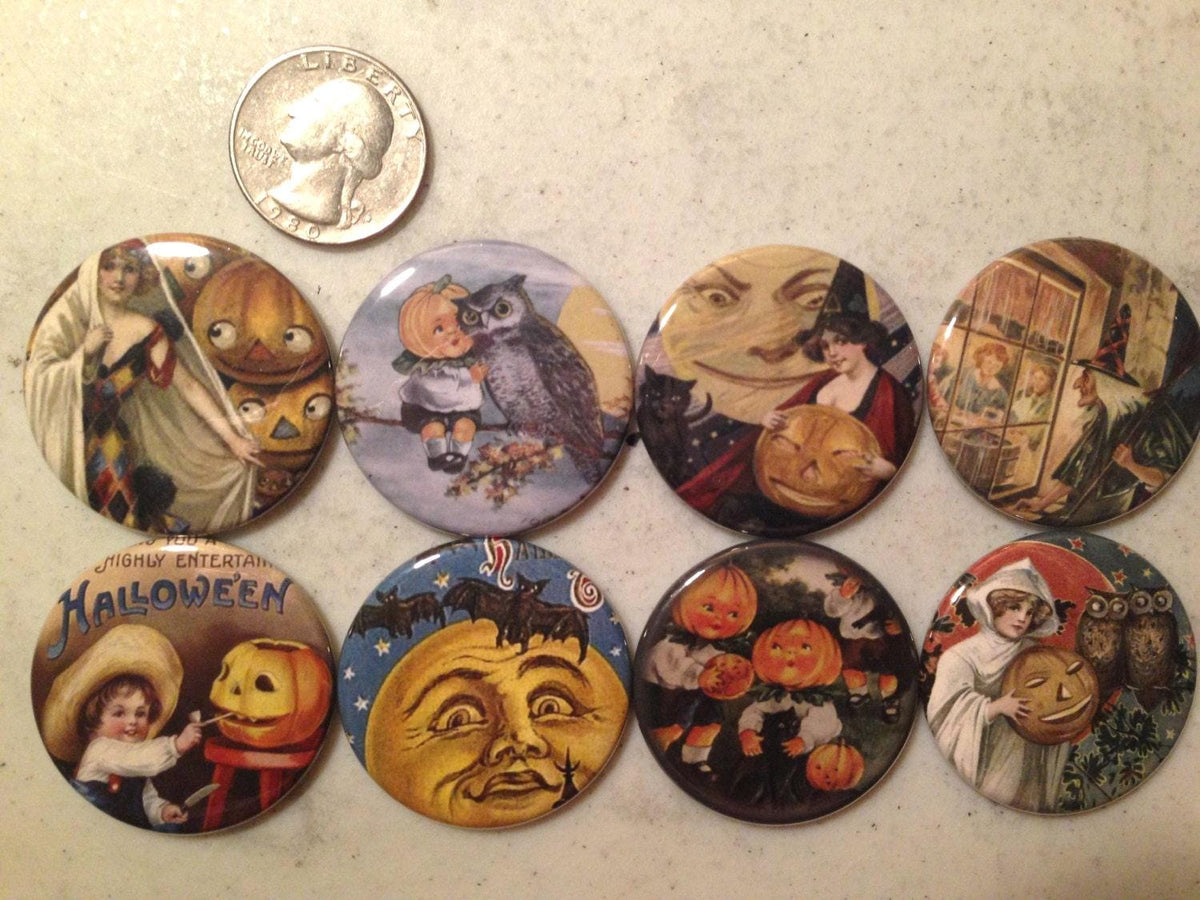 8 Halloween Fridge Magnet buttons, pinbacks, flatbacks Set 1, you choose size and style