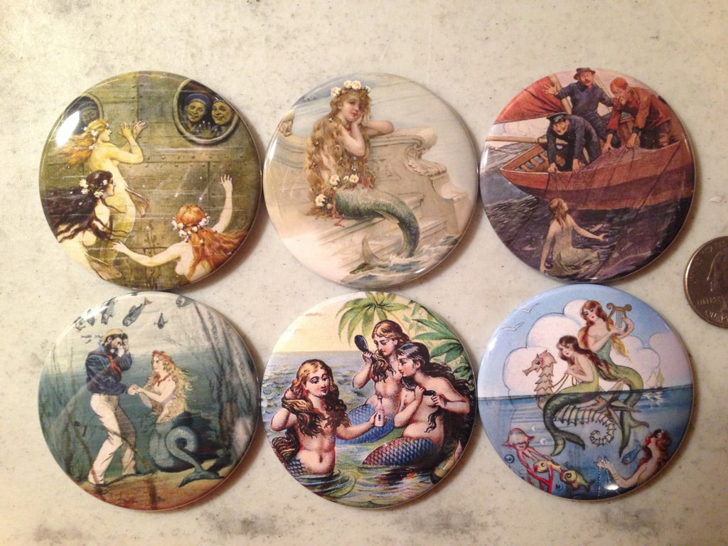 6 Vintage Mermaid Fridge Magnets Set 1.  Choose your size/style.