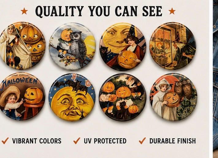 8 Halloween Fridge Magnet buttons, pinbacks, flatbacks Set 1, you choose size and style