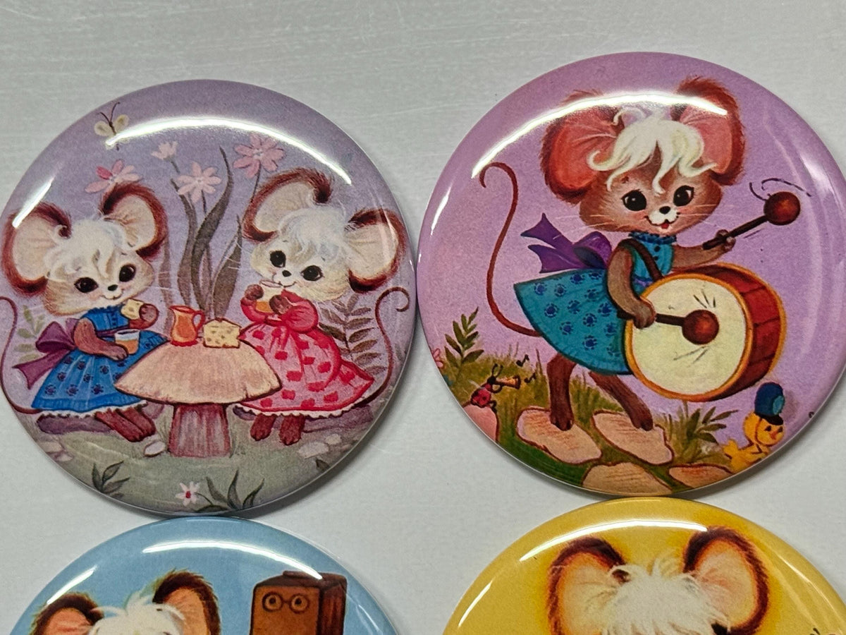 6 Retro Mice, pinbacks, flatbacks, magnets and more. Choose your size/style.