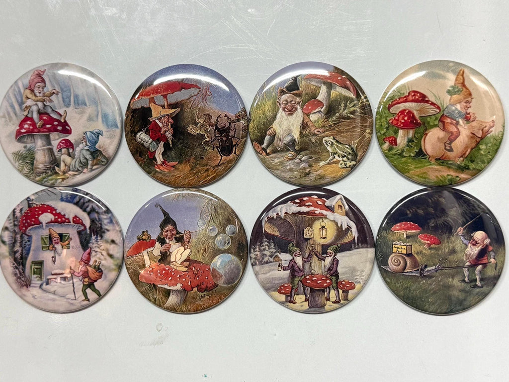 8 Gnomes and Mushrooms buttons, you choose style and size, pinbacks, magnets etc.