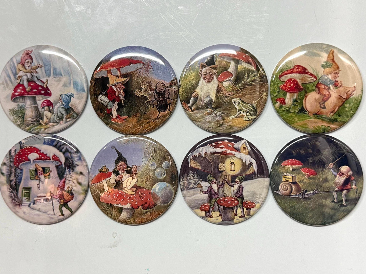 8 Gnomes and Mushrooms buttons, you choose style and size, pinbacks, magnets etc.