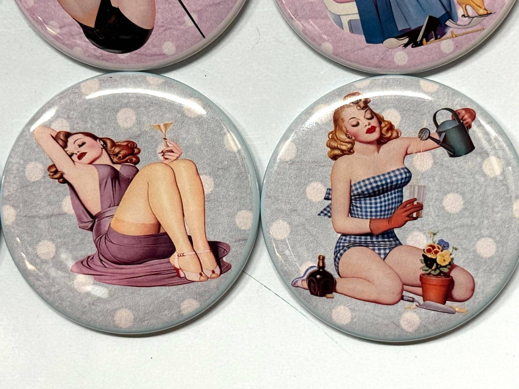 6 Pinup  Fridge Magnets, pinbacks, flatbacks and more.  Choose your size/style. (s1)