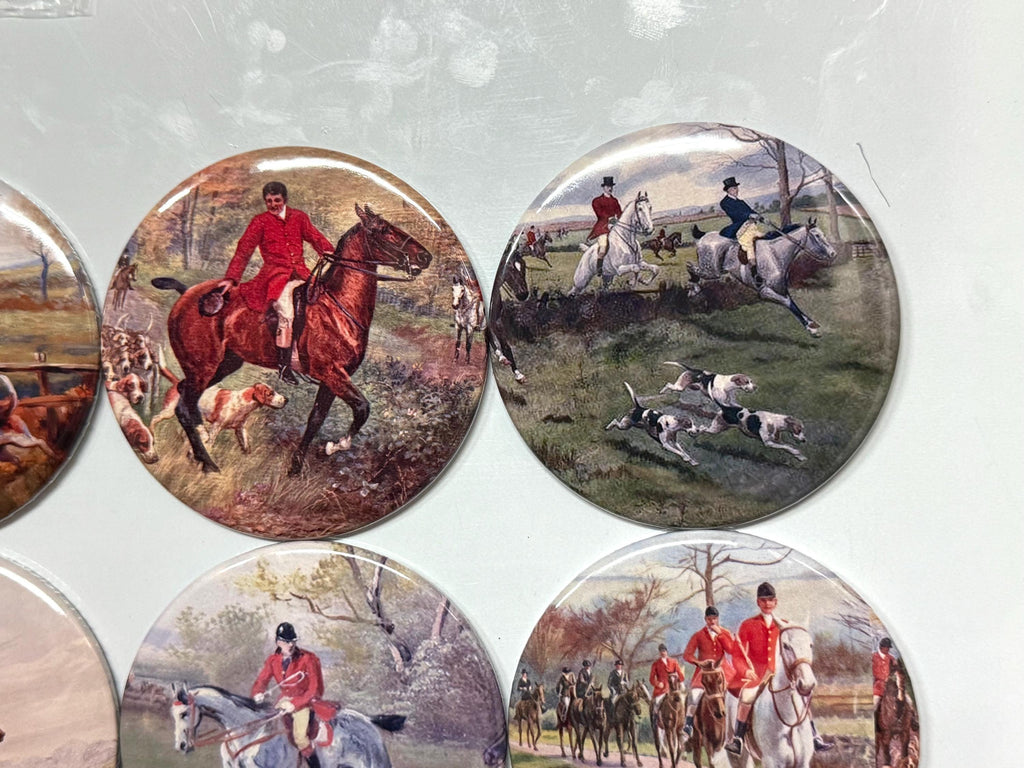 6 Fox Hunting, Equestrian, Hound dog Fridge Magnets or Pinback buttons or flatback buttons