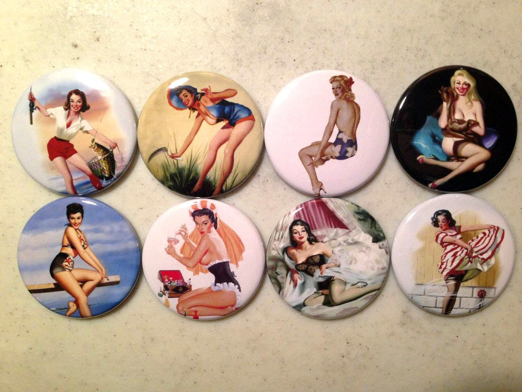 8 Pinup Girls Magnet Buttons or Pinbacks 1.5 inch buttons, Retro Vintage pin-up girls Set3