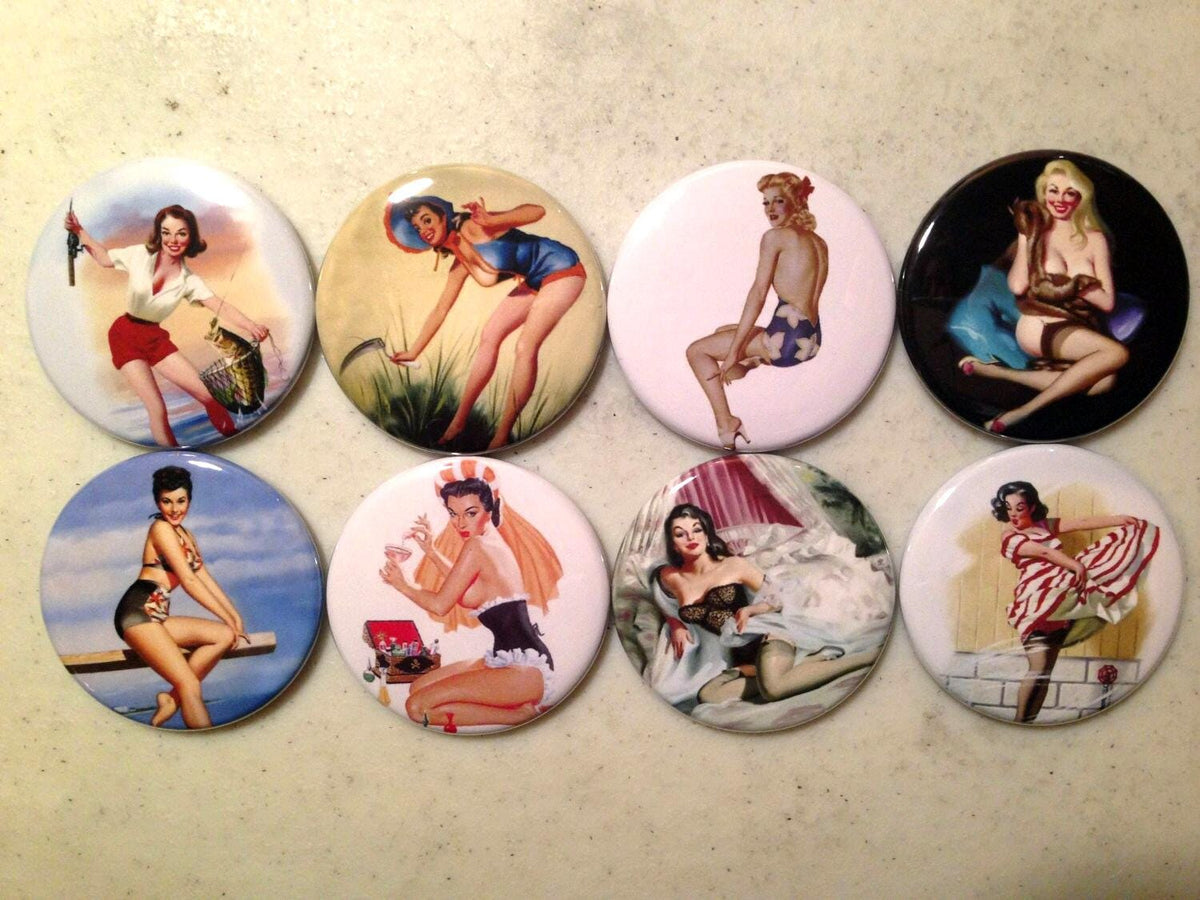 8 Pinup Girls Magnet Buttons or Pinbacks 1.5 inch buttons, Retro Vintage pin-up girls Set3