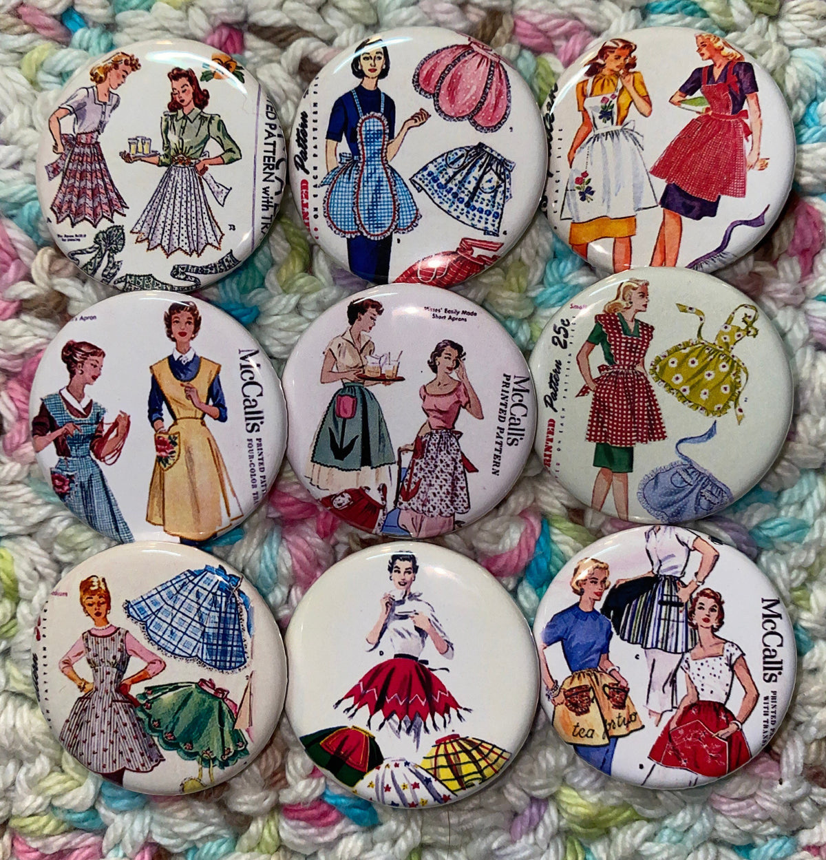 Apron Buttons: Vintage Sewing Pattern Pinbacks, Magnets, Flatbacks