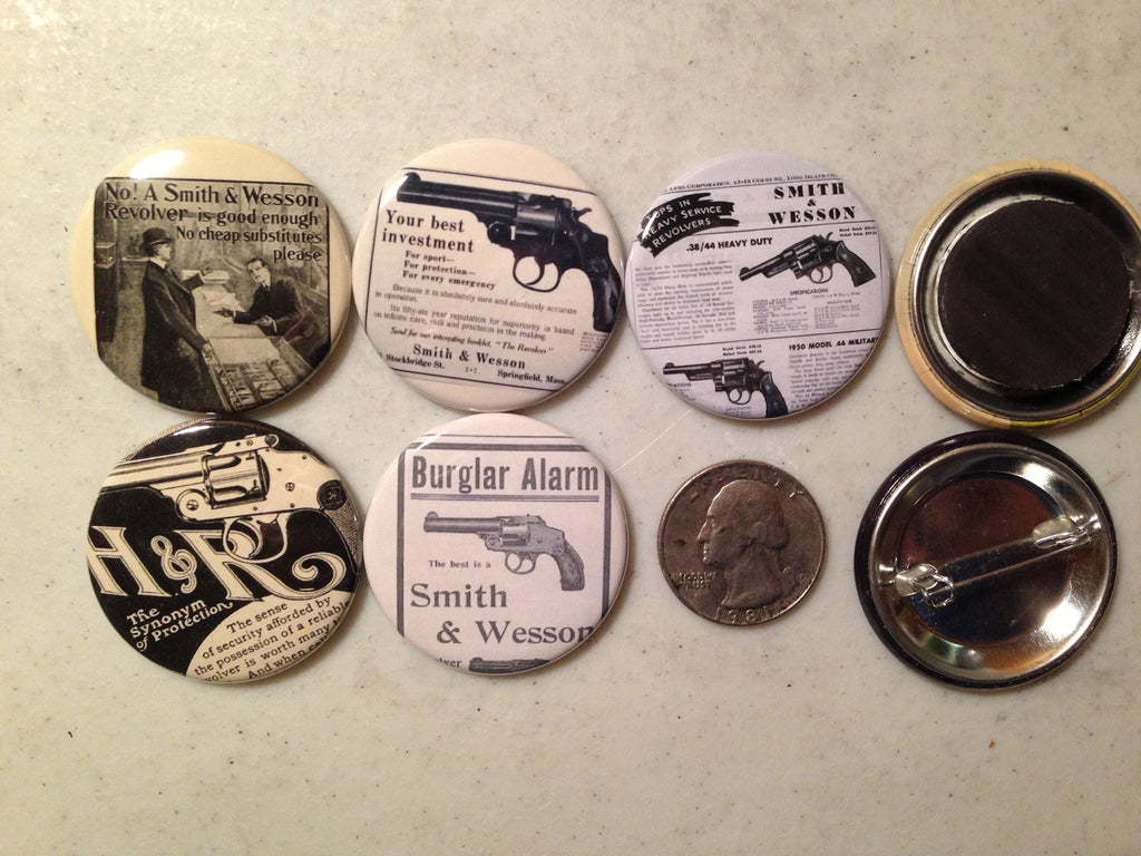 5 Gun Fridge magnets with vintage pictures of Gun advertisements. magnets, pinbacks, flatbacks
