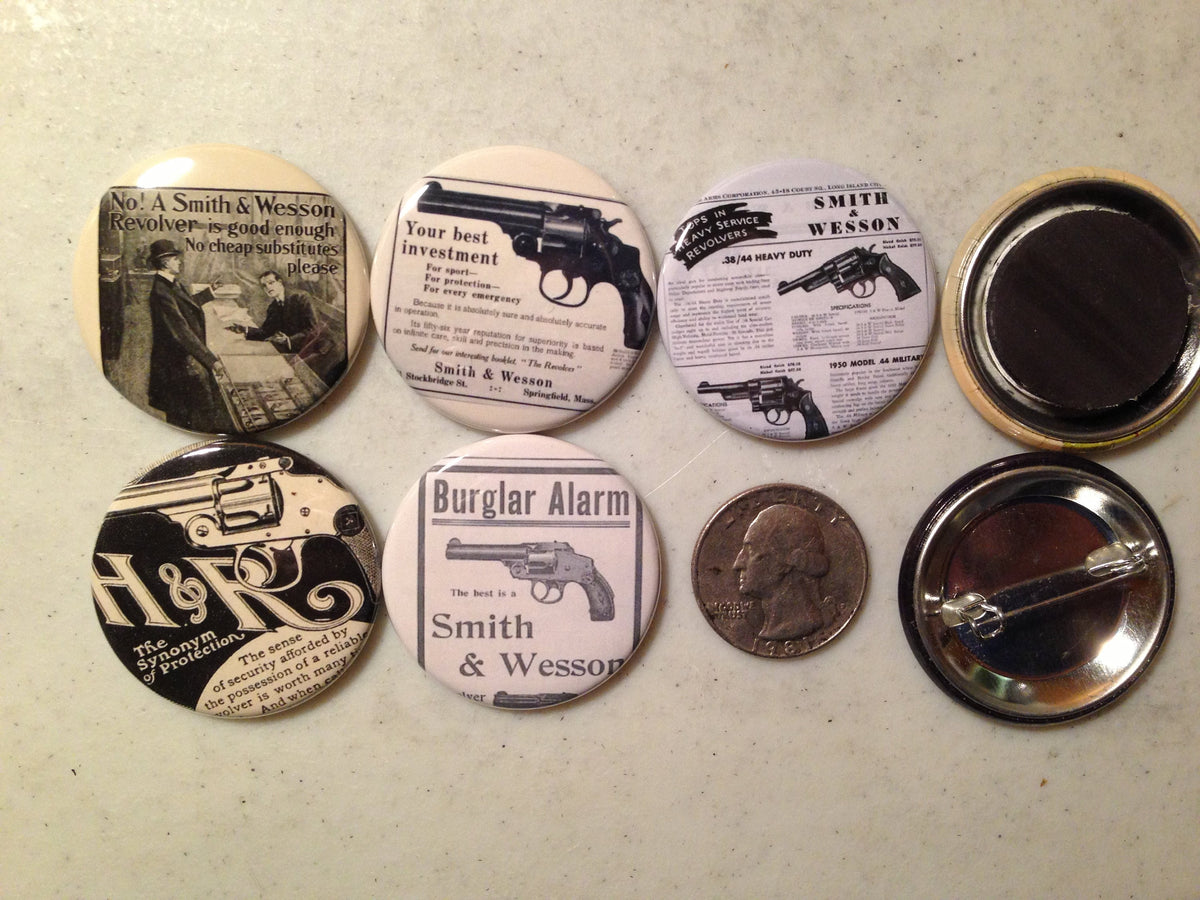 5 Gun Fridge magnets with vintage pictures of Gun advertisements. magnets, pinbacks, flatbacks