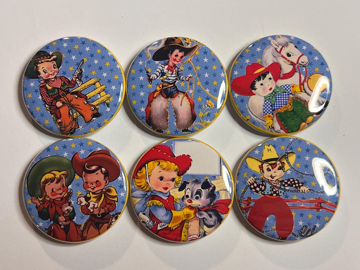 6 Cowboy kids Fridge Magnets, pinbacks, flatbacks and more.  Choose your size/style. (S2)