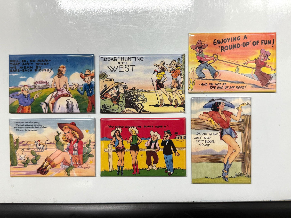 6 vintage old west post cards fridge magnets size 2x3"