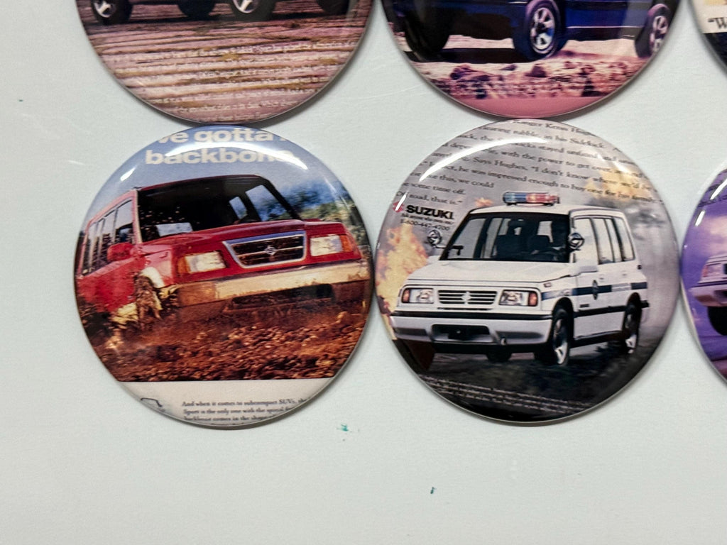 6 Suzuki Sidekick Sport, Fridge magnets, pinbacks or flatbacks. Several sizes to choose from.