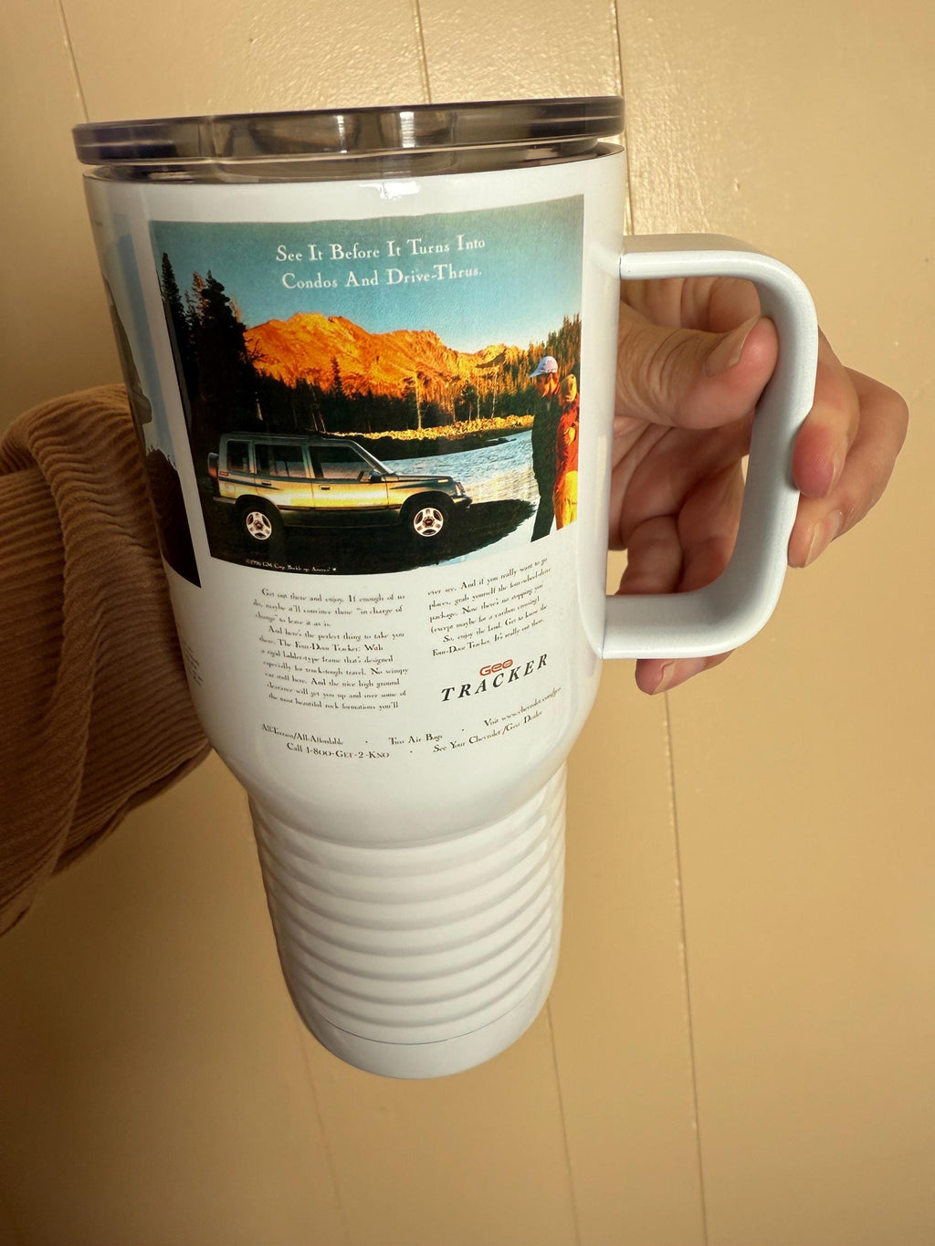 Geo Tracker Travel Mug: Vintage Auto Ad, Stainless Steel
