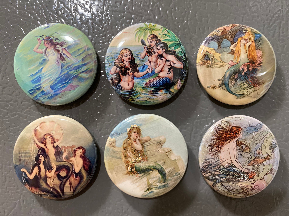 6 Vintage Mermaid Fridge Magnets Set 2.  Choose your size/style.