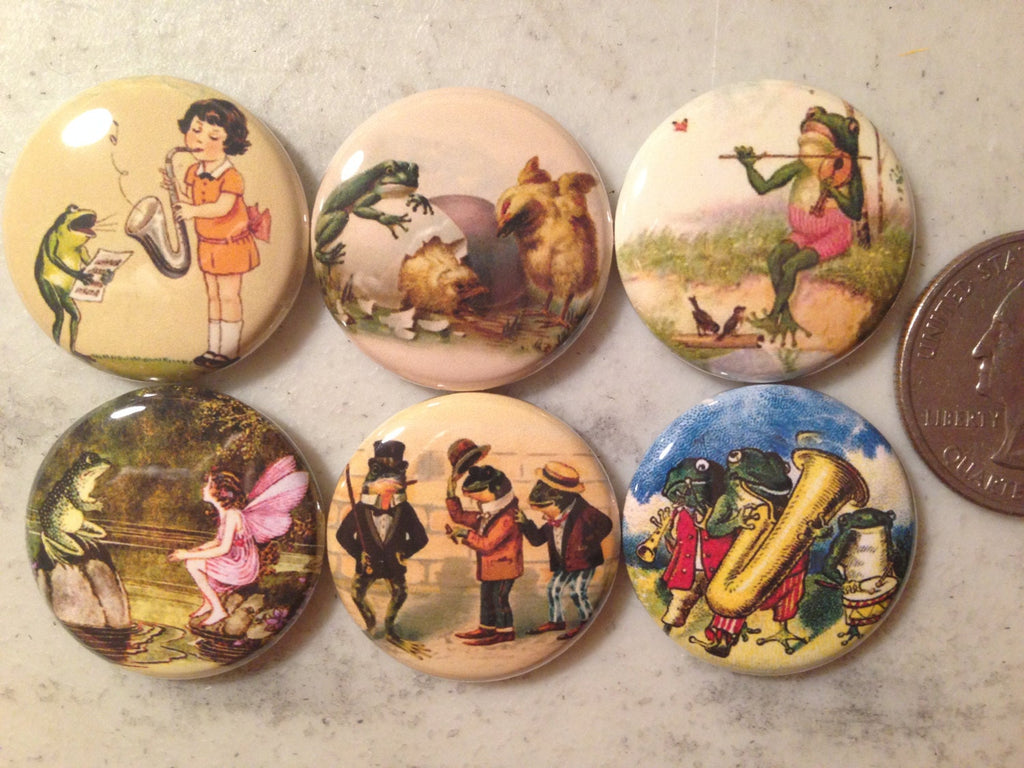6 Frog and Toad (vintage images) magnets, pinbacks, flatbacks, necklace and more!
