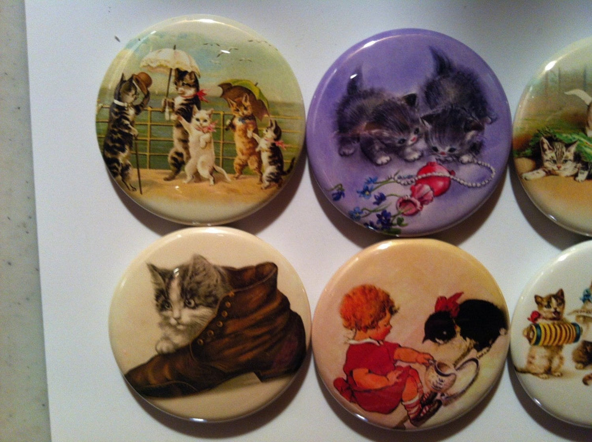 Vintage Kitten Magnets or Pinback Buttons: 1.5" Cat Lover Set of 8