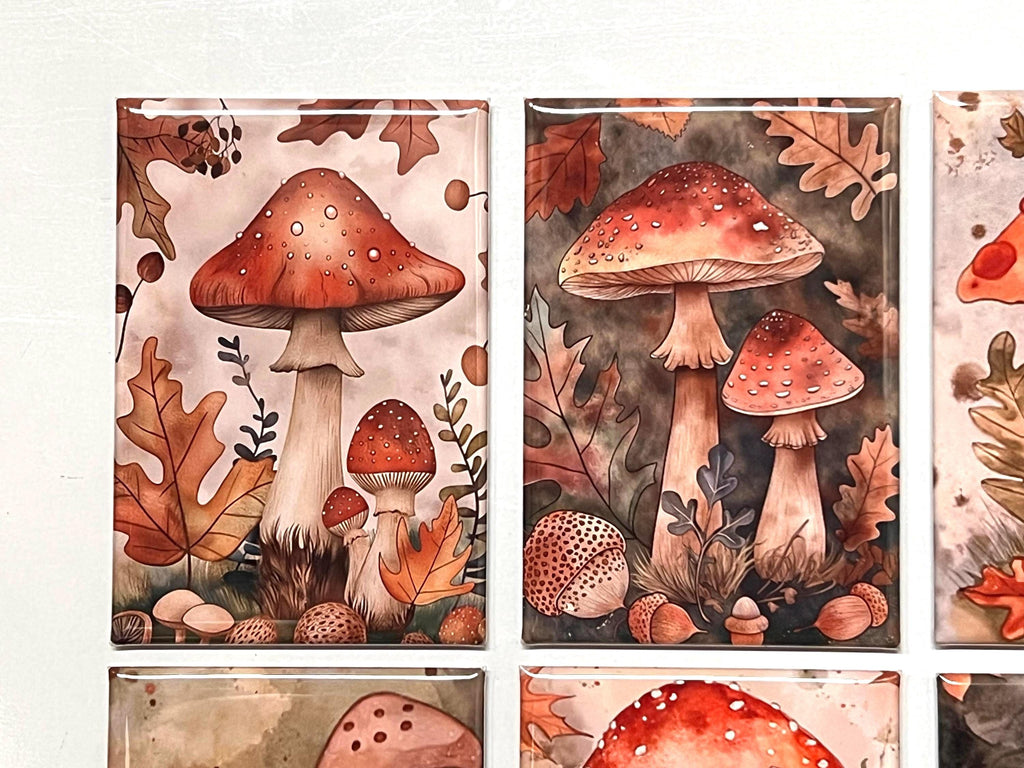 Autumn Mushroom Fridge magnets or pinback buttons  2x3 inch