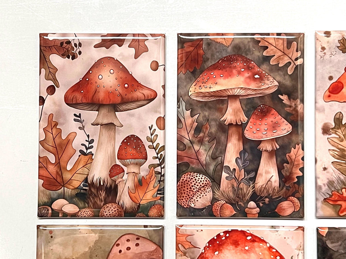 Autumn Mushroom Fridge magnets or pinback buttons  2x3 inch