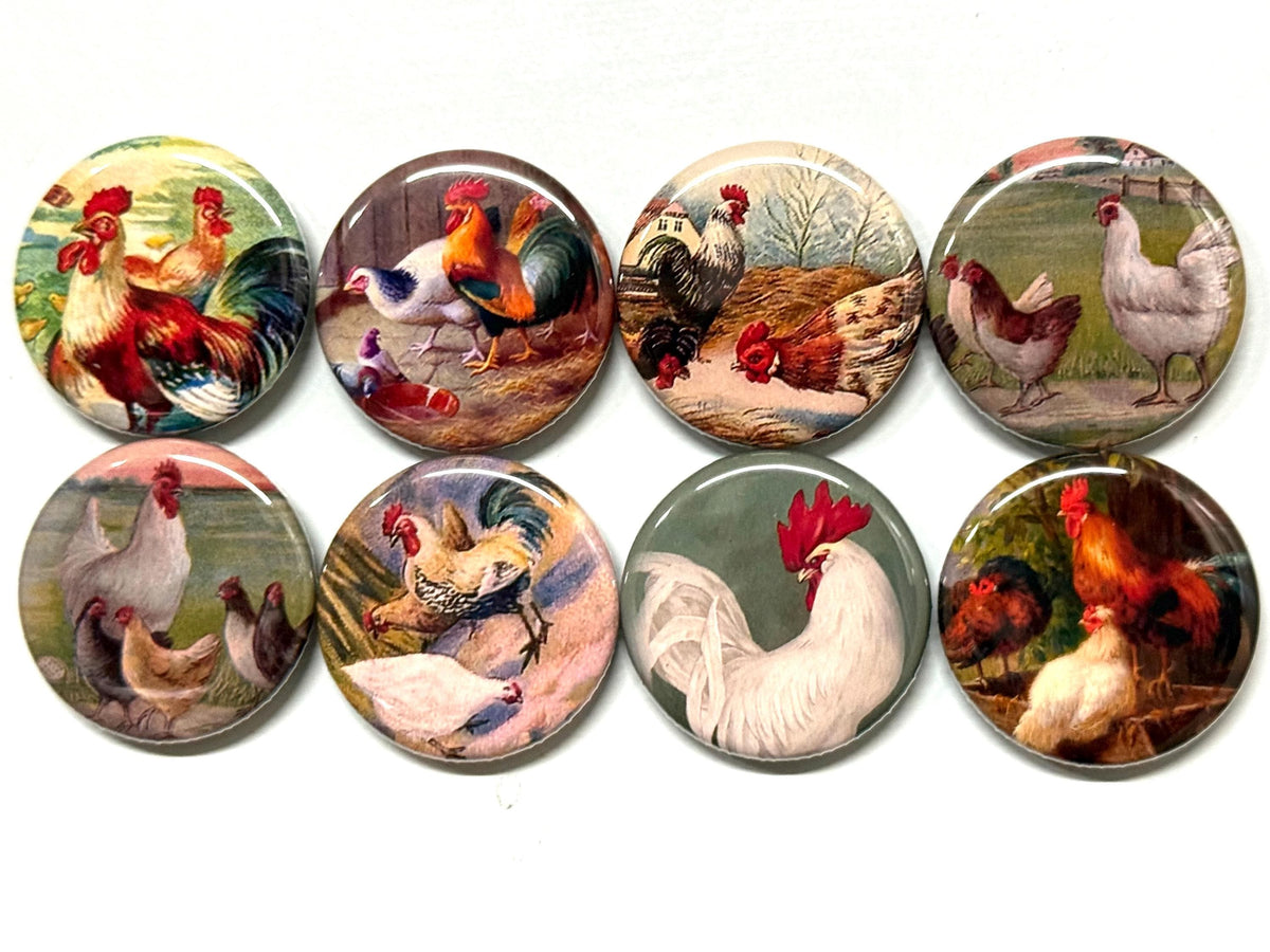 Vintage Rooster & Chickens Magnets or Pinbacks - Set of 8