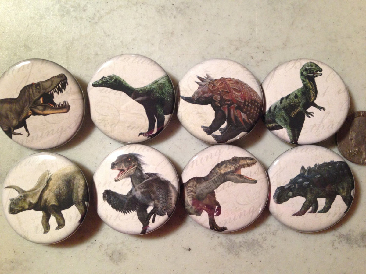 Dinosaur Buttons - Set of 8 - Pinbacks, Magnets, Flatbacks