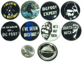 8 Bigfoot, Sasquatch, Yeti Pinback Buttons, fridge magnet buttons, flatbacks. Several Sizes, you choose!