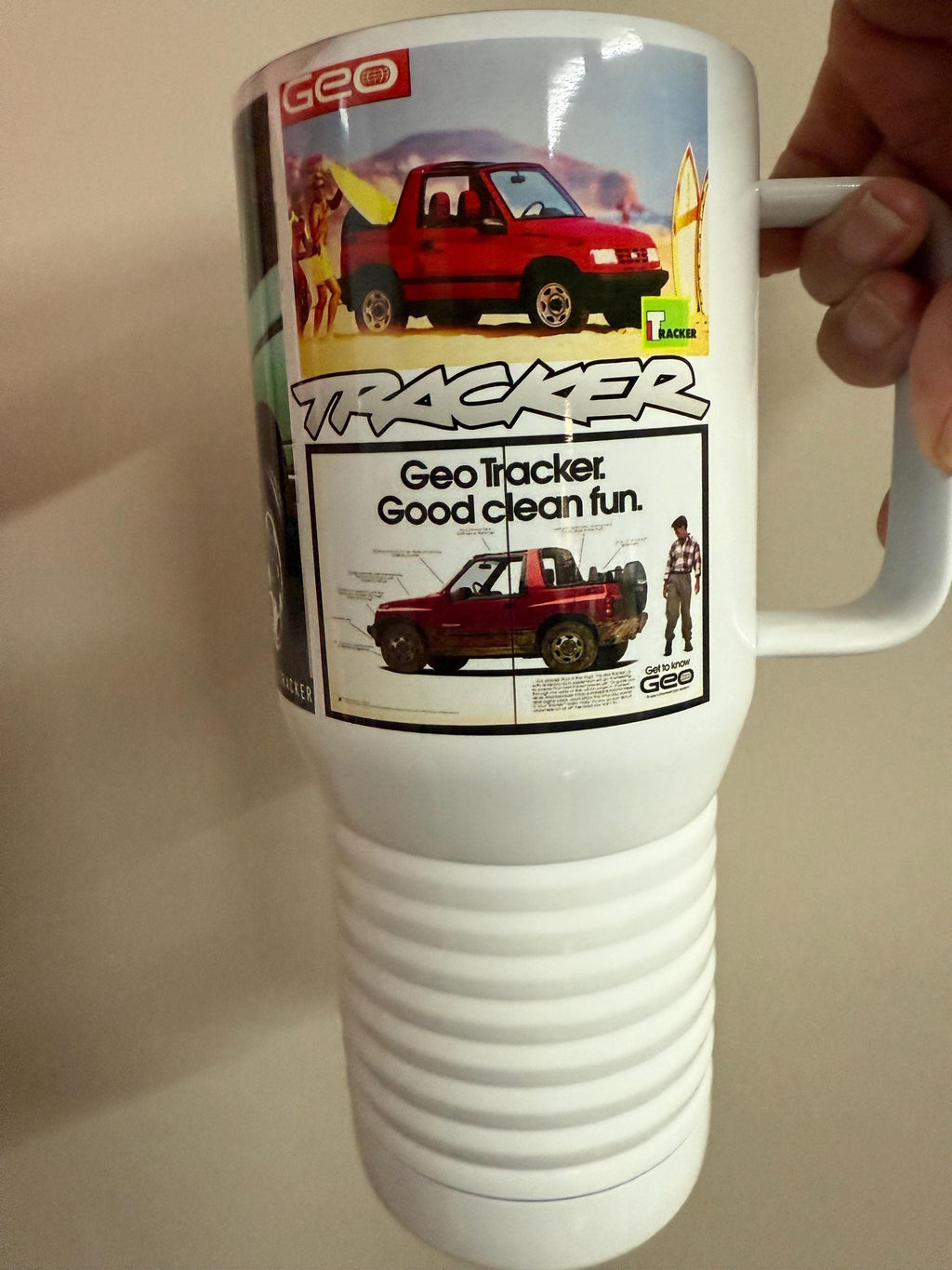 Geo Tracker Travel Mug: Vintage Auto Ad, Stainless Steel