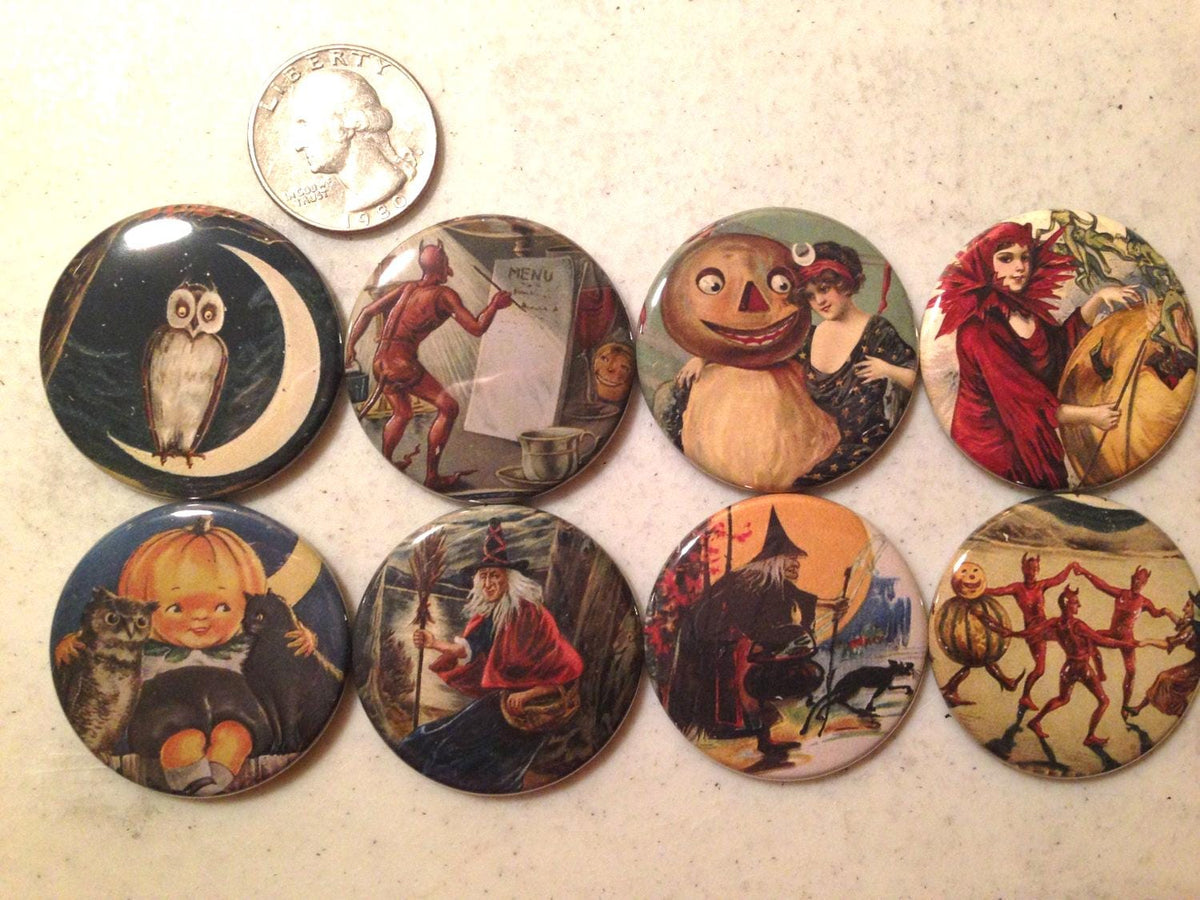 Halloween Buttons: Vintage Witch, Pumpkin, Owl - Set of 8