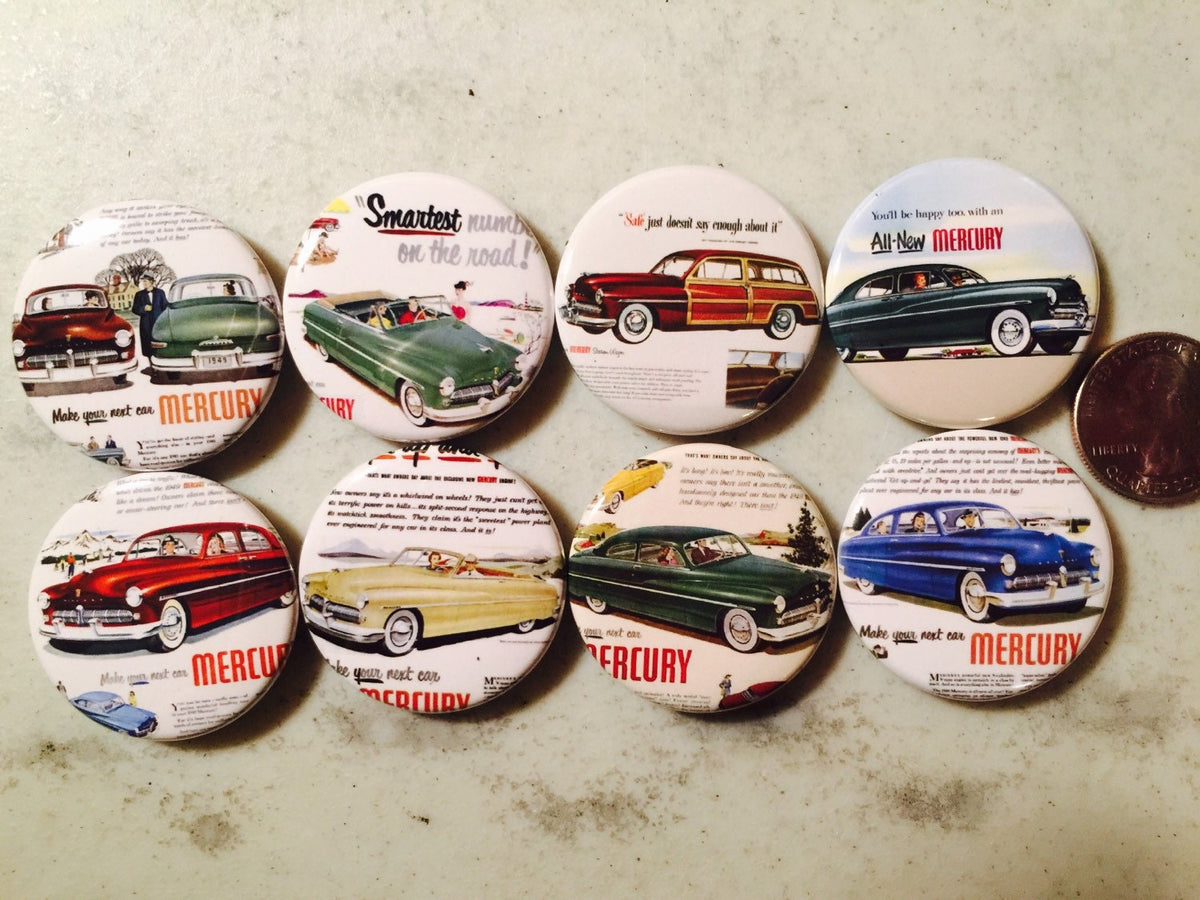 Vintage Ford Mercury Car Button Magnets - Retro Auto Set
