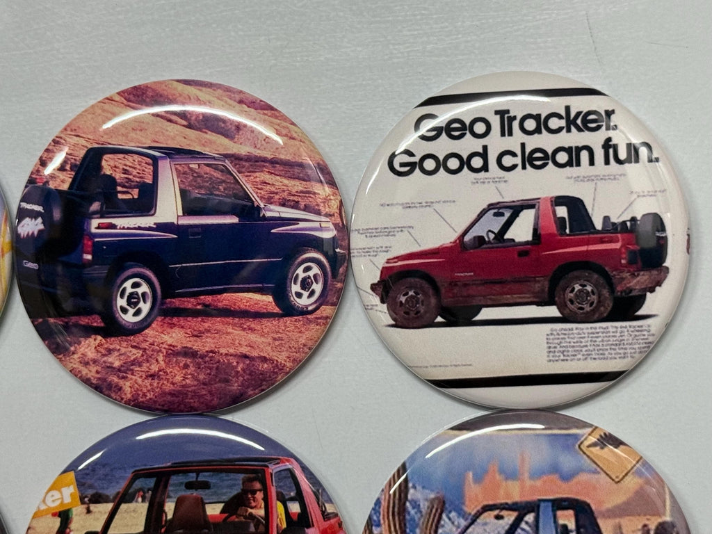 Geo Tracker 2 Door Buttons: Fridge Magnets, Pinbacks, Flatbacks