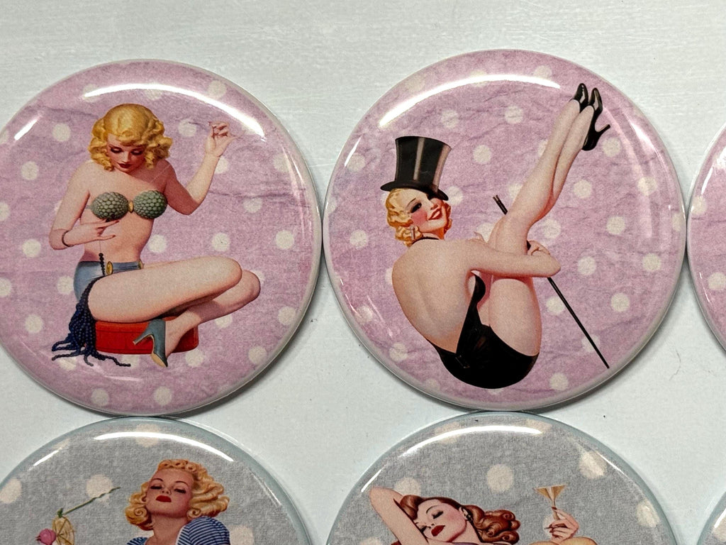 6 Pinup  Fridge Magnets, pinbacks, flatbacks and more.  Choose your size/style. (s1)