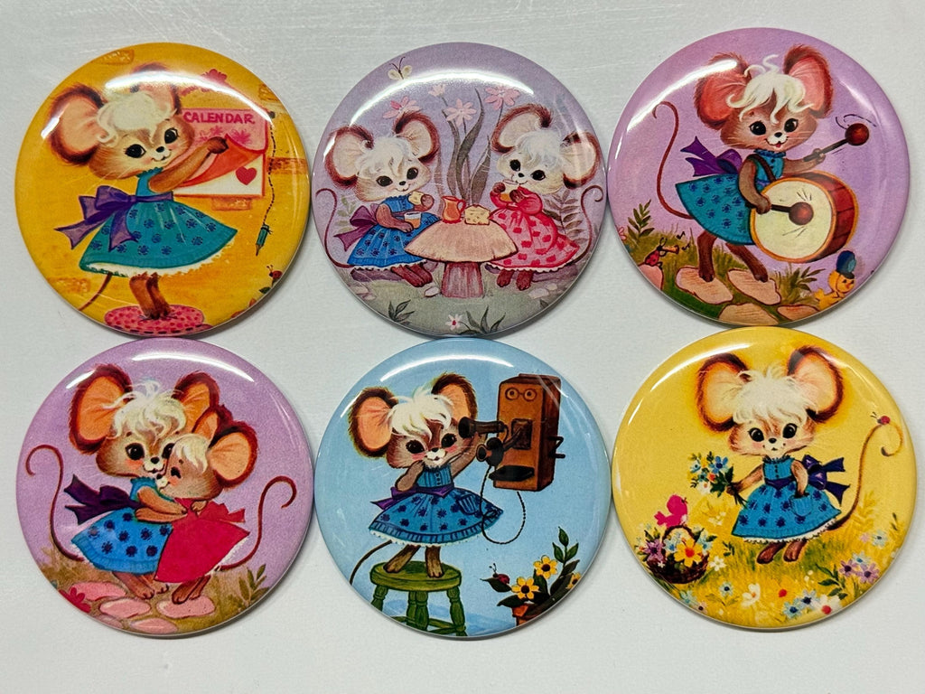 6 Retro Mice, pinbacks, flatbacks, magnets and more. Choose your size/style.