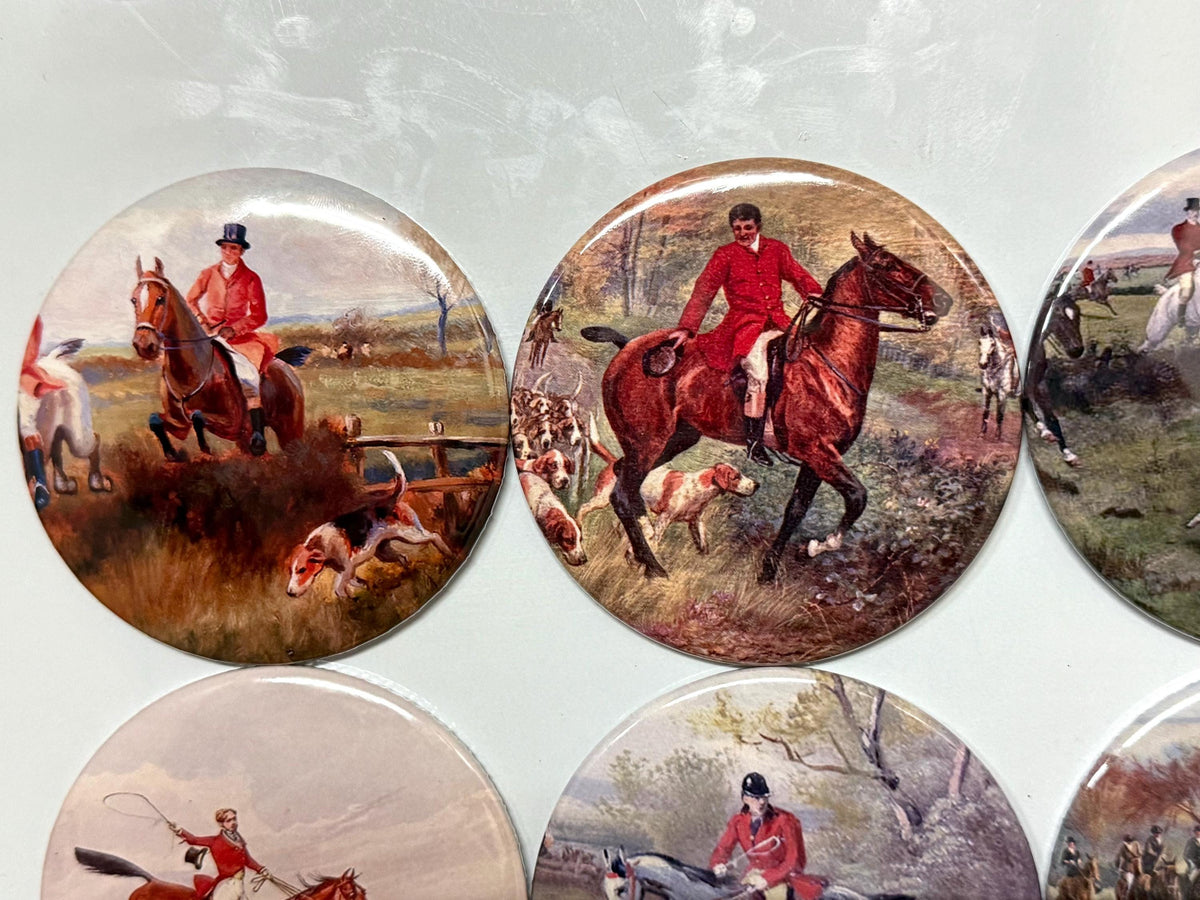 6 Fox Hunting, Equestrian, Hound dog Fridge Magnets or Pinback buttons or flatback buttons