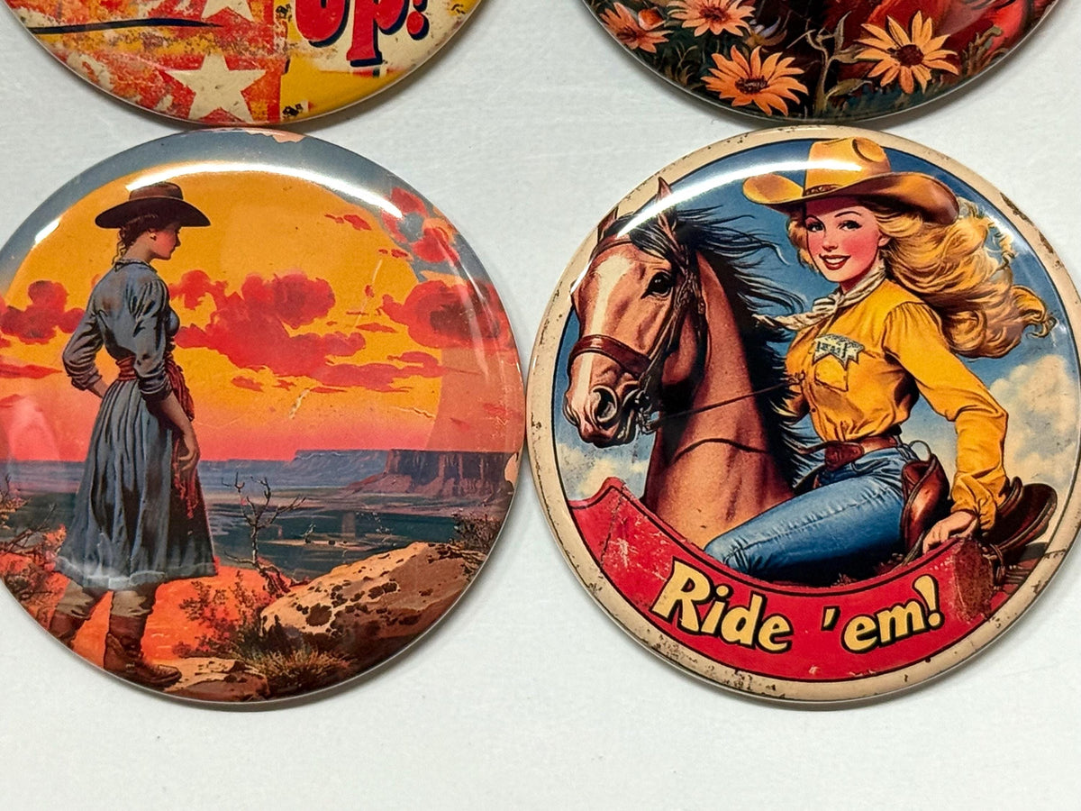 6 Cowgirl Fridge Magnets, pinbacks, flatbacks and more.  Choose your size/style. (s6)