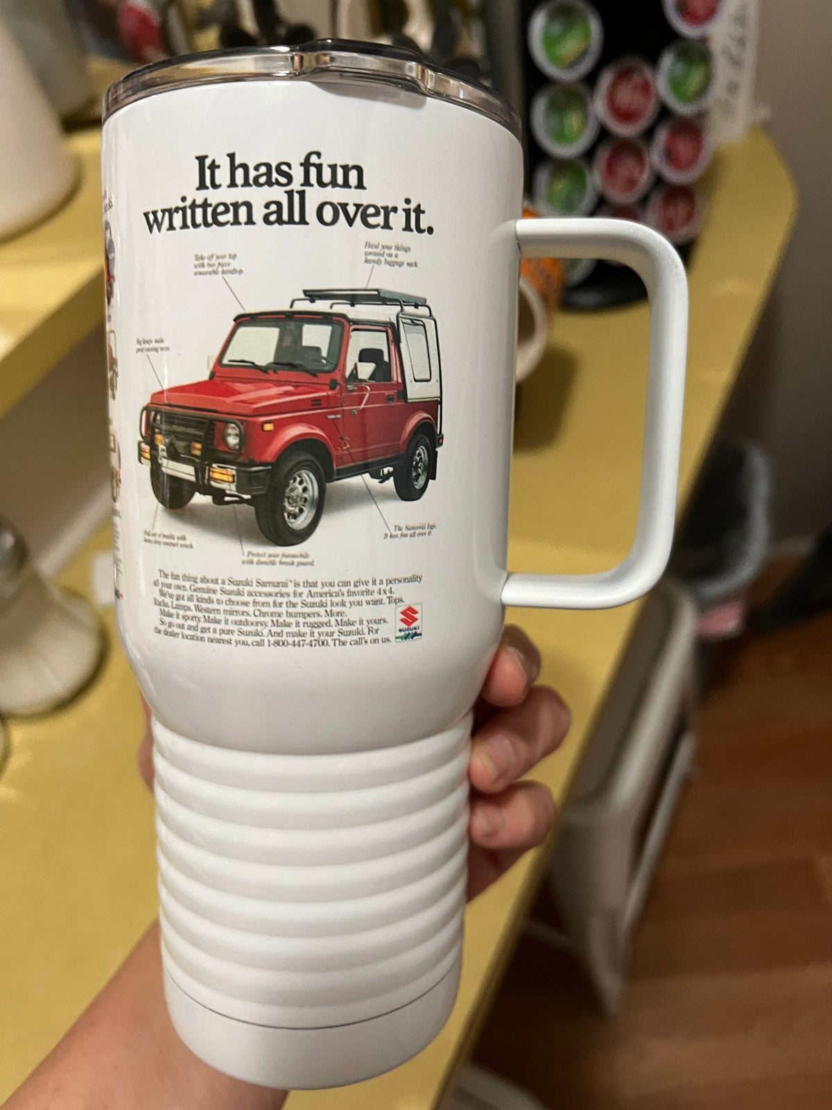 Suzuki Samurai/Sidekick Travel Mug: Vintage Auto Ad, Stainless Steel 20 oz